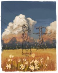1girl border cloud cloudy_sky daisy_(flower) dress flower landscape lineart looking_up medium_hair original power_lines rural scenery sky solo standing transmission_tower white_border white_flower zalupos671