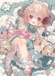 1girl :d animal_ears blush borrowed_character bow brown_hair brown_sandals chibi chibi_inset commentary commission dango dog dog_ears dog_girl fang food full_body geta green_background green_bow green_nails green_skirt hair_bow kamizakana_iriko long_sleeves looking_at_viewer nail_polish necktie open_mouth original outline pleated_skirt red_eyes red_necktie sandals sanshoku_dango shirt short_hair skeb_commission skin_fang skirt smile socks tabi wagashi white_outline white_shirt white_socks