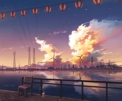 building chair cloud commentary_request cumulonimbus_cloud cup disposable_cup mizuasagi no_humans orange_sky original outdoors power_lines purple_sky railing reflection reflective_water scenery sky star_(sky) sunrise transmission_tower twilight water wind_turbine windmill