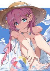 1girl alternate_costume ball barefoot beachball blue_eyes blush bocchi_the_rock! closed_mouth commentary cube_hair_ornament day dress flower gotoh_hitori hair_between_eyes hair_flower hair_ornament hat highres knees_up long_hair looking_at_viewer one_side_up outdoors pink_hair shinshin_(ssnsn_oekaki) sitting smile solo straw_hat very_long_hair water white_dress