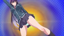 1girl animated anime_screenshot arms_up blue_jacket bra breasts cleavage colored_inner_hair gradient_hair groin hair_ribbon haite_kudasai_takamine-san jacket large_breasts long_hair long_sleeves multicolored_hair navel necktie panties purple_hair red_eyes red_necktie ribbon school_uniform shirt sidelocks skirt sound spread_legs stomach tagme takamine_takane thighs two-tone_hair underwear underwear_only video white_bra white_panties white_ribbon white_shirt