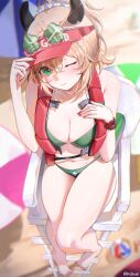 1girl absurdres animal_ears ball beachball bikini blonde_hair blurry blurry_background breasts chair closed_mouth dio_dio eyewear_on_head green-tinted_eyewear green_bikini green_eyes highres indie_virtual_youtuber large_breasts life_vest lifeguard_chair looking_at_viewer navel nimi_nightmare nimi_nightmare_(lifeguard) on_chair one_eye_closed red_visor sitting solo swimsuit tapir_ears tapir_girl tinted_eyewear virtual_youtuber visor_cap