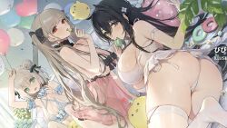 3girls ass azur_lane balloon black_hair breasts candy donut food formidable_(azur_lane) grey_hair huge_ass huge_breasts indomitable_(azur_lane) large_breasts lollipop looking_at_viewer macaron manchester_(azur_lane) manjuu_(azur_lane) multiple_girls official_art siiqa_vivi tagme