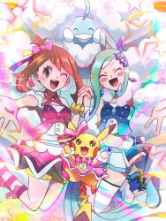 2girls 2others altaria aqua_hair asymmetrical_clothes asymmetrical_legwear blush bow breasts brown_eyes brown_hair closed_eyes cosplay_pikachu earrings gen_1_pokemon gen_3_pokemon idol idol_clothes jelicle_yasuda jewelry lisia_(pokemon) looking_at_viewer may_(contest)_(pokemon) may_(pokemon) mega_stone midriff multiple_girls multiple_others navel nintendo official_alternate_costume one_eye_closed open_mouth pikachu pikachu_pop_star pink_bow pink_skirt pokemon pokemon_(creature) pokemon_oras reaching reaching_towards_viewer shorts skirt small_breasts smile stomach white_shorts