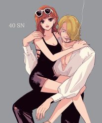 1boy 1girl aged_up beard black_dress black_pants blonde_hair commentary curly_eyebrows dress earrings eyewear_on_head facial_hair hair_over_one_eye highres jewelry looking_at_viewer nami_(one_piece) nicole7310 one_piece orange_hair pants sanji_(one_piece) shirt sitting sitting_on_person smile white_shirt