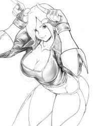 1girl angel_(kof) bent_over breasts cleavage curvy female_focus gloves highres jacket large_breasts leather looking_at_viewer pale_skin panties ramitto short_hair smile solo standing the_king_of_fighters thick_thighs thighs underwear white_hair wide_hips
