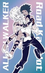 Rule 34 | 1boy, 1girl, allen walker, arm ribbon, bare shoulders, black boots, black hair, black pants, black ribbon, blue background, boots, carrying, carrying person, collared jacket, collared shirt, colored extremities, d.gray-man, dark-skinned female, dark skin, dress, english text, facial mark, floating hair, forehead mark, gradient background, green vest, hair between eyes, hand on another&#039;s back, hand on another&#039;s shoulder, hand on another&#039;s thigh, highres, jacket, leg ribbon, legs, looking at viewer, messy hair, neck ribbon, noah (d.gray-man), open mouth, pants, pink background, pink theme, princess carry, ribbon, road kamelot, rocheng, scar, scar across eye, scar on face, shirt, shoes, short dress, short hair, sidelocks, spiked hair, star (symbol), star facial mark, thigh ribbon, thighs, vest, white dress, white hair, white shirt, white shoes