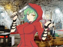 1girl blush bookshelf box breasts cabinet cardboard_box cave chair green_hair hikage_(senran_kagura) holding holding_knife holding_weapon hood hood_up knife large_breasts looking_at_viewer machete official_art red_track_jacket red_track_suit senran_kagura senran_kagura_new_link senran_kagura_shoujo-tachi_no_shin&#039;ei short_hair slit_pupils solo table tongue tongue_out track_suit weapon yaegashi_nan yellow_eyes