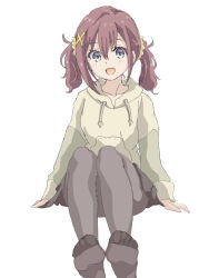 1girl black_pantyhose blue_eyes blush brown_hair commentary_request furutachi_kurea green_hoodie hair_between_eyes hair_ornament hair_scrunchie hal-py hibi_wa_sugiredo_meshi_umashi hood hoodie looking_at_viewer pantyhose scrunchie solo twintails white_background x_hair_ornament yellow_scrunchie