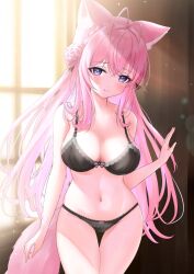 1girl 4kimizuki absurdres animal_ear_fluff animal_ears antenna_hair black_bra black_panties blush bow bow_bra bow_panties bra braid breasts cleavage hakui_koyori highres hololive indoors large_breasts long_hair looking_at_viewer navel panties pink_eyes pink_hair smile solo stomach tail thigh_gap thighs underwear underwear_only virtual_youtuber window wolf_ears wolf_girl wolf_tail