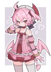 1girl ahoge bare_shoulders blush border bow closed_mouth collarbone commentary cowboy_shot disgaea dress gloves grey_background hair_bow hand_up hat highres looking_at_viewer majolaine_(disgaea) one_side_up outside_border pink_dress pink_gloves pink_hair red_bow red_eyes short_hair sleeveless sleeveless_dress solo striped_clothes striped_dress suaman thighhighs w white_background white_border white_hat white_thighhighs zettai_ryouiki