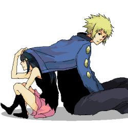 Rule 34 | 1boy, 1girl, blonde hair, blue hair, dawn (pokemon), gym leader, long hair, lowres, nintendo, oekaki, pokemon, shadow, simple background, skirt, socks, under shirt, volkner (pokemon), white background