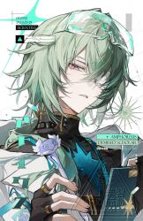 1boy anaxa_(honkai:_star_rail) black_gloves blue_eyes coat english_text eyepatch fingerless_gloves gloves green_hair holding honkai:_star_rail honkai_(series) looking_at_viewer male_focus medical_eyepatch nong_345 open_clothes open_coat parted_lips pink_pupils solo teeth twitter_username upper_body watermark white_coat