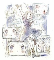 Rule 34 | 1 z 9, 1girl, blush, boots, braid, character name, commentary request, dress, gakuen idolmaster, hakusen (idolmaster), happy tears, highres, idolmaster, katsuragi lilja, leg up, multiple views, necktie, open mouth, outstretched arm, outstretched hand, short hair, smile, sparkle, tagme, tears, v-shaped eyebrows, wings