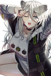 8n0_g :o animal_ear_fluff animal_ears arms_up black_collar black_jacket black_nails black_shorts breasts buckle collar collarbone commentary_request cutoffs english_text fangs feet_out_of_frame fingernails from_above grey_eyes grey_hair grey_shirt grey_sleeves hair_between_eyes hair_over_one_eye highres hololive jacket jewelry large_breasts light_blush long_bangs long_hair long_sleeves looking_at_viewer looking_up nail_polish necklace official_alternate_costume one_eye_closed open_clothes open_jacket open_mouth print_shirt shirt shishiro_botan shishiro_botan_(casual) short_shorts shorts simple_background sitting stretching t-shirt teeth unzipped upper_teeth_only virtual_youtuber white_background zipper