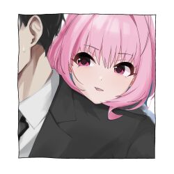 Rule 34 | 1boy, 1girl, ahoge, behind another, black hair, black jacket, black necktie, blazer, collared shirt, dot nose, dress shirt, hair between eyes, highres, idolmaster, idolmaster cinderella girls, jacket, kakki (kackie), medium hair, multicolored hair, necktie, pink eyes, pink hair, shirt, short hair, solo focus, sweatdrop, two-tone hair, white shirt, yumemi riamu
