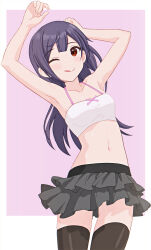 Rule 34 | 1girl, absurdres, armpits, crop top, highres, long hair, looking at viewer, midriff, miniskirt, navel, one eye closed, purple hair, red eyes, rinshi, skirt, thighhighs, zettai ryouiki
