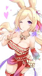 1girl absurdres aki_rosenthal animal_ears blonde_hair breasts cleavage dancer_(final_fantasy) final_fantasy final_fantasy_xiv harem_outfit heart highres hololive kudoukudokudo large_breasts long_hair looking_at_viewer low_twintails nail_polish one_eye_closed pink_nails purple_eyes rabbit_ears red_tube_top smile solo strapless tube_top twintails very_long_hair virtual_youtuber