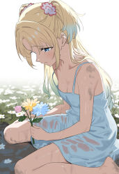 1girl bare_arms bare_legs blonde_hair blue_eyes blurry blurry_background blush breasts cleavage closed_mouth collarbone dirty dirty_clothes dirty_feet dress flower gradient_hair hair_flower hair_ornament holding holding_flower link!_like!_love_live! long_hair looking_down love_live! masaki_(masakinariya) meadow mud multicolored_hair no_bra osawa_rurino sad see-through_clothes see-through_dress sitting small_breasts solo strap_slip tearing_up twintails wariza wet wet_clothes wet_hair white_dress