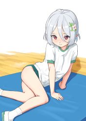 1girl ahoge arm_support ass buruma elf flower green_buruma gym_uniform hair_flower hair_ornament highres kokkoro_(princess_connect!) legs lying mat on_side pointy_ears princess_connect! red_eyes shin_(shincrz) shirt shoes short_hair short_sleeves silver_hair smile socks solo thighs white_shirt white_shoes