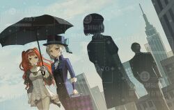 1boy 3girls black_coat black_dress black_hat black_jacket black_pants black_umbrella black_vest blue_bow blue_sky boater_hat bow building checkered_hairband city coat collared_dress commission cowboy_shot dress dutch_angle facing_away from_behind gloves grey_eyes grey_hair hair_bun hairband hand_up hat hat_bow high_collar holding holding_suitcase holding_umbrella jacket long_hair looking_at_viewer multiple_girls orange_hair outdoors pants pants_under_dress people reverse:1999 shared_umbrella short_dress short_hair short_sleeves single_side_bun sky smile sonetto_(reverse:1999) suitcase too_many_watermarks two_side_up umbrella vertin_(reverse:1999) vest waistcoat watermark white_dress white_gloves zhima_xing_bingle