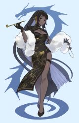 1girl absurdres black_dress black_eyes black_gloves black_hair braid breasts china_dress chinese_clothes cleavage cleavage_cutout closed_mouth clothing_cutout commentary_request commission dark-skinned_female dark_skin dragon_background dragon_print dress floating_hair flower frilled_sleeves frills full_body gloves grey_hair hair_flower hair_ornament high_heels highres holding holding_removed_eyewear holding_smoking_pipe ito_yoshi jewelry large_breasts light_smile long_hair long_sidelocks looking_at_viewer mole mole_under_eye multicolored_hair necklace original pearl_necklace pointy_ears print_dress round_eyewear short_sleeves side_braid sidelocks skeb_commission smoking_pipe solo straight_hair sunglasses tassel tassel_hair_ornament thigh_strap unworn_eyewear very_long_hair walking white_background