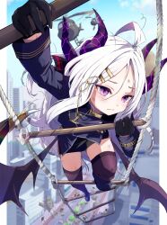 Rule 34 | 1girl, absurdres, aircraft, black coat, black footwear, black gloves, black skirt, black thighhighs, blue archive, blue sky, blush, boots, breasts, building, closed mouth, coat, commentary request, day, demon girl, demon horns, demon wings, gloves, hair ornament, hairclip, helicopter, helmet gangster (blue archive), highres, hina (blue archive), horns, ladder, long hair, low wings, mosuke1221, outdoors, purple eyes, scar, skirt, sky, solo focus, thighhighs, thighs, white hair, wings