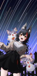 1girl animal_ear_fluff animal_ears black_hair black_skirt blush breasts choker cowboy_shot fox_girl hair_ornament highres hololive long_hair looking_at_viewer miofa_(ookami_mio) multicolored_hair ookami_mio ookami_mio_(street) red_hair roan_green skirt smile solo star_trail streaked_hair tail tail_around_own_leg tail_wrap virtual_youtuber white_choker wolf_ears wolf_girl wolf_tail yellow_eyes