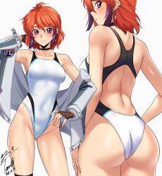 Rule 34 | 1girl, armpits, ass, back cutout, bare shoulders, blush, breasts, brown gloves, clothing cutout, commentary request, commission, competition swimsuit, contrapposto, covered navel, fingerless gloves, gloves, gradient hair, grey jacket, highleg, highleg one-piece swimsuit, highres, ibis douglas, jacket, looking at viewer, medium breasts, multicolored hair, multicolored swimsuit, multiple views, off shoulder, one-piece swimsuit, open clothes, open jacket, orange hair, pink eyes, pink hair, pixiv commission, revision, short hair, signature, simple background, super robot wars, super robot wars original generation, swimsuit, thighs, white background, white one-piece swimsuit, yoo tenchi