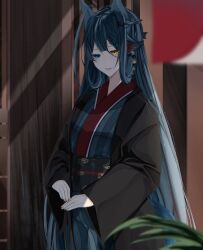 Rule 34 | 1girl, 4reiji, absurdres, animal ears, black kimono, black sash, blue eyes, blue hair, blue kimono, blurry, blurry foreground, commentary request, cowboy shot, dot nose, flower, flower hairpin, hair ornament, heterochromia, highres, indoors, japanese clothes, kimono, light particles, long hair, long sleeves, looking at viewer, lower teeth only, original, own hands together, parted lips, plant, red flower, red rose, rose, sash, solo, standing, teeth, wide sleeves, x hair ornament, yellow eyes
