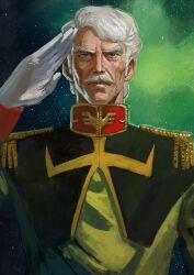 1boy challia_bull closed_mouth commentary epaulettes facial_hair gloves green_background green_shirt grey_eyes gundam hand_up high_collar highres itou_satoshi looking_at_viewer male_focus mobile_suit_gundam mustache nebula nose old old_man realistic salute shirt short_hair solo space star_(sky) upper_body white_gloves white_hair zeon
