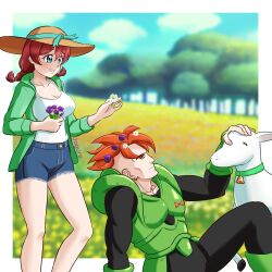 1boy 1girl absurdres android_16 breasts brown_hair cleavage dragon_ball emma_verde goat highres large_breasts love_live! love_live!_nijigasaki_high_school_idol_club