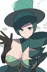 1girl black_gloves breasts cleavage closed_mouth creatures_(company) dress drill_hair elbow_gloves game_freak gloves green_dress green_eyes green_hair green_hat hat large_breasts long_hair looking_at_viewer mituyota_76 morgan_(pokemon) nintendo pokemon pokemon_xy smile solo top_hat upper_body waving