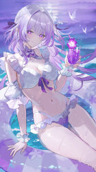 Rule 34 | 1girl, absurdres, alternate costume, bikini, blush, bow, breasts, bright pupils, bug, butterfly, castorice (honkai: star rail), cleavage, closed mouth, commentary request, cup, drinking glass, frilled wrist cuffs, frills, front-tie bikini top, front-tie top, hair bow, highres, holding, holding cup, honkai: star rail, honkai (series), innertube, insect, large breasts, long hair, looking at viewer, maria (maria rose), mismatched bikini, multiple hair bows, nail polish, navel, partial commentary, pointy ears, purple bikini, purple bow, purple butterfly, purple eyes, purple hair, purple nails, sidelocks, signature, smile, solo, stomach, swim ring, swimsuit, thighs, very long hair, wet, white bikini, white pupils, white wrist cuffs, wrist cuffs