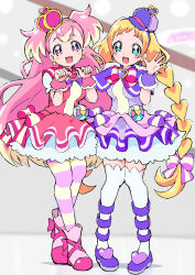 Rule 34 | 2girls, :d, blonde hair, blurry, blurry background, bow, bowtie, braid, brooch, butterfly earrings, capelet, clenched hand, crown, cure friendy, cure wonderful, dress, dress bow, earrings, flower earrings, full body, hair bow, hands up, hat, heart, heart brooch, highres, inukai iroha, inukai komugi, jewelry, long hair, looking at viewer, magical girl, multicolored hair, multiple girls, open hand, open mouth, pantyhose, paw pose, pink bow, pink bowtie, pink dress, pink eyes, pink hair, pink pantyhose, pink shoes, pink wrist cuffs, precure, purple bow, purple bowtie, purple capelet, purple dress, purple hat, purple shoes, purple wrist cuffs, shoes, smile, standing, striped clothes, striped pantyhose, thighhighs, tilted headwear, twin braids, two-tone hair, two-tone pantyhose, two side up, very long hair, white thighhighs, wonderful precure!, wrist cuffs, yakizakana10967, yellow pantyhose, yellow pupils