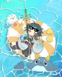Rule 34 | asymmetrical clothes, bead necklace, beads, blubberbeast (genshin impact), blue fur, deal with it (meme), detached sleeves, facial mark, forehead mark, genshin impact, gloves, green gloves, green hair, highres, inflatable raft, jewelry, leisurely otter (genshin impact), male focus, meme, multicolored hair, nama dododo, necklace, ocean, otter, pool float, primordial jade winged-spear (genshin impact), rubber duck, seal (animal), seashell, shell, single detached sleeve, snout, starfish, sunglasses, tassel, water, xiao (genshin impact)