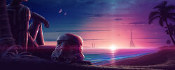 1boy 5health beach cloud helmet highres in-universe_location moon ocean palm_tree rogue_one:_a_star_wars_story scarif scenery sky solo star_wars stormtrooper sunrise tie_fighter tower tree unworn_headwear unworn_helmet