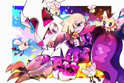 1boy ahoge blonde_hair blush bu2me2 commentary_request creatures_(company) cutiefly flower game_freak gen_7_pokemon gladion_(pokemon) green_eyes hair_over_one_eye holding holding_flower legendary_pokemon long_sleeves nintendo open_mouth orange_flower pants pokemon pokemon_(creature) pokemon_sm ribombee shoes silvally sparkle tongue