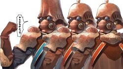 Rule 34 | 3boys, ardainian soldier, armor, brown gloves, clenched hand, commentary request, elbow gloves, gloves, helmet, male focus, military, military uniform, multiple boys, pauldrons, shoulder armor, simple background, speech bubble, translation request, upper body, white background, xenoblade chronicles (series), xenoblade chronicles 2, yappen