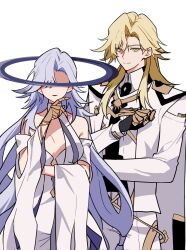 1boy 1girl armpit_crease bare_shoulders black_gloves blonde_hair breasts celenova cleavage clenched_hand closed_mouth clothing_cutout collarbone collared_jacket detached_sleeves dress formal_clothes friends gloves green_eyes grey_hair hair_between_eyes halo hand_on_own_chin hand_up highres honkai:_star_rail honkai_(series) honkai_impact_3rd in-franchise_crossover jacket large_breasts light_smile long_hair long_sleeves pants parted_lips shade shaded_face simple_background standing suit suit_jacket void_archives wavy_hair white_background white_dress white_jacket white_pants white_suit wide_sleeves yuelinpanp98413