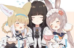 3girls :d ^_^ animal_ears arknights ascot bare_shoulders black_ascot black_gloves blonde_hair blue_hairband blue_ribbon blush bow bowl bowtie brown_hair closed_eyes closed_mouth collared_shirt commentary_request facing_viewer food giving giving_food gloves hair_rings hairband heads_together holding holding_bowl infection_monitor_(arknights) long_hair long_sleeves multiple_girls nervous_sweating open_mouth purple_bow purple_bowtie ribbon rice rice_bowl shirt short_hair smile split_mouth suzuran_(arknights) sweat teeth unitedunti upper_body upper_teeth_only virtuosa_(arknights) warmy_(arknights) white_hairband white_shirt