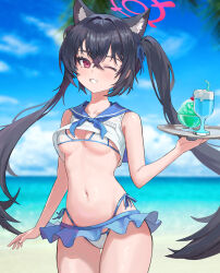 1girl absurdres animal_ear_fluff animal_ears bare_shoulders beach beach_house bikini black_hair blue_archive blurry breasts cat_ears crop_top day drinking_straw extra_ears frilled_bikini frills grin halo highleg highleg_bikini highres holding juice_gukbap long_hair looking_at_viewer navel one_eye_closed outdoors pink_halo red_eyes ribbon sailor_bikini sailor_collar serika_(blue_archive) skirt smile solo standing stomach swimsuit tray twintails white_bikini