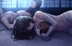 1boy 2girls bandaged_arm bandaged_head bandaged_leg bandages black_hair box breasts clothed_female_nude_male clothes_lift cowgirl_position expressionless game_cg gloves hetero highres indoors kaguyuzu kuryo_nozomi lying moonlight multiple_girls navel nie_no_hakoniwa night nipples non-web_source nude on_side school_uniform serafuku sex shiki_kyoko short_hair skirt skirt_lift small_breasts straddling yasaka_kurou