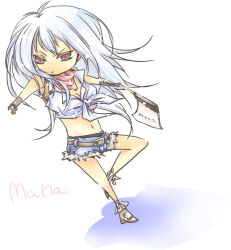 1girl axe bandana belt blacksmith_(ragnarok_online) blue_shorts breasts brown_belt brown_gloves cleavage closed_mouth commentary_request crop_top frown full_body gloves holding holding_axe looking_at_viewer matoyuuki medium_breasts midriff navel ragnarok_online red_bandana red_eyes shirt short_shorts shorts simple_background sleeveless sleeveless_shirt solo tied_shirt v-shaped_eyebrows white_background white_hair white_shirt