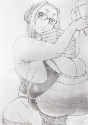Rule 34 | 1girl, alternate breast size, apron, armpit hair, arms up, bangs pinned back, bare arms, book, book stack, bra, breasts, commentary request, gigantic breasts, glasses, graphite (medium), greyscale, hair bun, highres, holding, holding book, kaii to otome to kamikakushi, looking to the side, mole, mole under eye, monochrome, object on breast, ogawa sumireko, pants, parted lips, single hair bun, skindentation, solo, tanuma yuuichirou, thick eyebrows, traditional media, undersized clothes, underwear, upper body, working