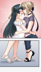 Rule 34 | 2girls, absurdres, astra yao, black choker, black hair, black sandals, blonde hair, blue pants, blush, braid, braided bun, breast press, breasts, choker, cleavage, closed eyes, closed mouth, commentary, denim, ecchinoidea, english commentary, evelyn chevalier, hair bun, hairband, hand on another&#039;s waist, highres, jeans, large breasts, multiple girls, off-shoulder shirt, off shoulder, open mouth, pants, purple eyes, purple shirt, sandals, shirt, short sleeves, smile, symmetrical docking, tiptoes, trembling, white hairband, white sandals, white shirt, yuri, zenless zone zero