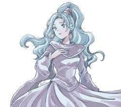 1girl artist_name blue_hair breasts chrono_trigger dress earrings gold_earrings green_eyes hair_tie hand_on_own_chest jewelry long_dress long_hair long_sleeves medium_breasts michibata_65 parted_bangs parted_lips pendant purple_dress schala_zeal signature solo upper_body white_background wide_ponytail wide_sleeves