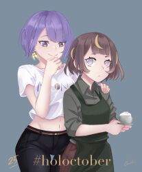 2girls absurdres alternate_costume anya_melfissa apron black_pants blonde_hair blunt_bangs brown_hair brown_pants chandraaa_d character_name closed_mouth collared_shirt commentary cropped_shirt cup drooling earrings fang fang_out green_apron green_shirt hand_on_another&#039;s_shoulder hand_on_own_chin highres holding holding_cup hololive hololive_indonesia jewelry light_blush looking_back midriff moona_hoshinova moona_hoshinova_(casual) multicolored_hair multiple_girls navel no_pupils official_alternate_costume official_alternate_hairstyle pants purple_eyes purple_hair shirt short_hair simple_background sleeves_pushed_up smile star_(symbol) star_earrings streaked_hair swept_bangs thigh_gap virtual_youtuber white_shirt