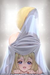 1girl :3 animal_ears bed_sheet blonde_hair blush chami_(charming621) commentary dog_ears dog_girl dog_tail english_commentary fang highres imminent_pounce naked_sheet nude one_side_up open_mouth original pouncing purple_eyes smile solo tail top-down_bottom-up