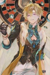 1boy aventurine_(honkai:_star_rail) black_gloves black_jacket blonde_hair earrings g_sannnn gloves grin hair_between_eyes hand_up highres honkai:_star_rail honkai_(series) jacket jewelry looking_at_viewer male_focus medium_hair pants pink_eyes smile solo teeth white_pants